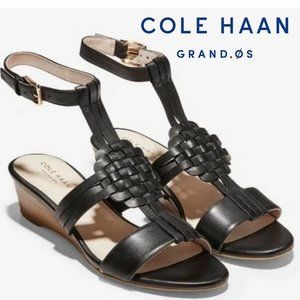 COLE HAAN "Findra" Black Leather Woven Slide Wedge Sandal | Size 9B